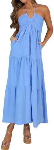 Amysister Women's Casual Halter Tiered Vacation Maxi Dress with Pockets, XS