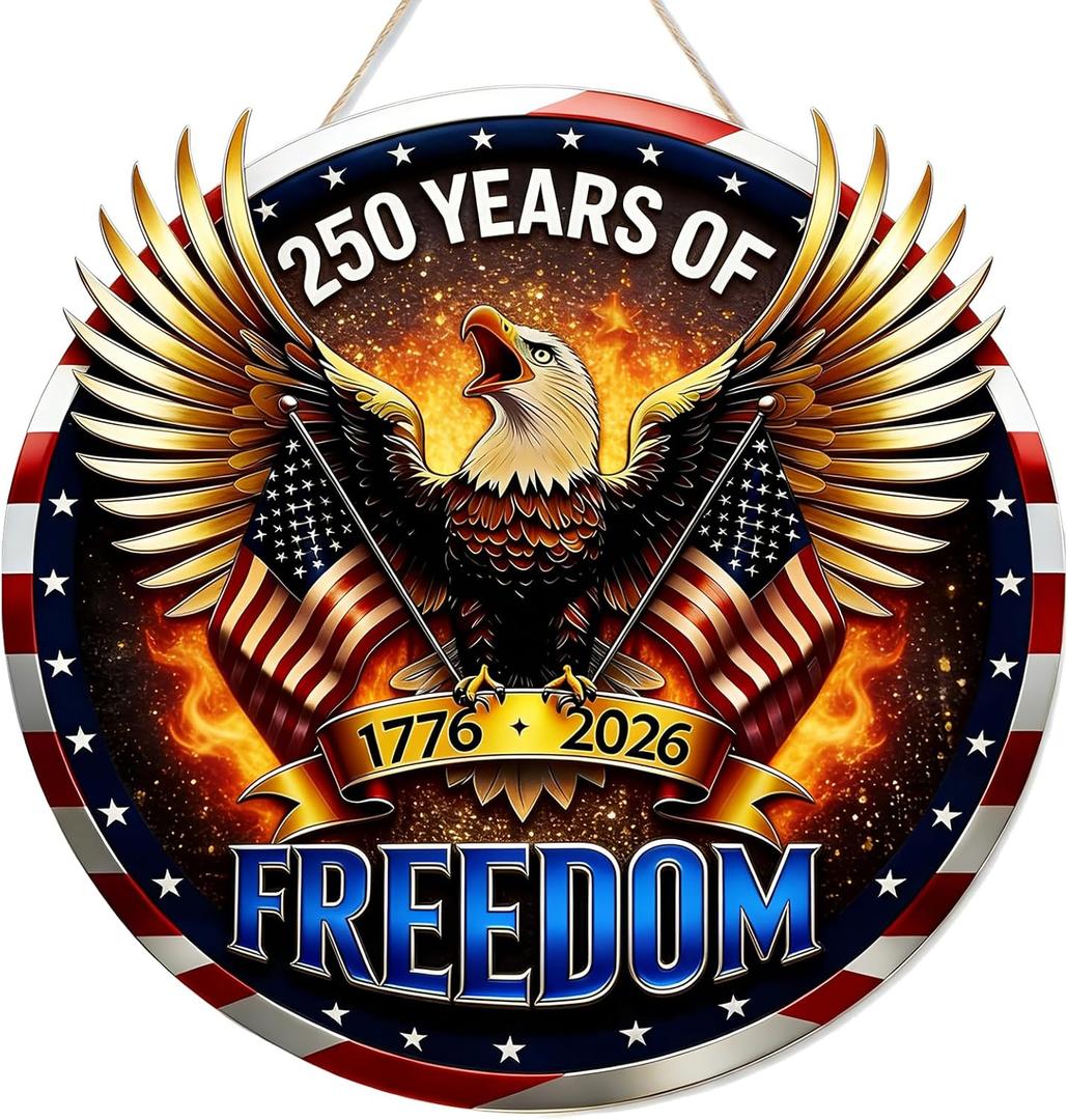 4th of July Door Sign 250th Anniversary Front Door Sign 3D 250 Years Patriotic Front Door Decor with Eagle Fire Designs Wooden Hanging Sign Door Hanger for Outdoor Farmhouse Porch