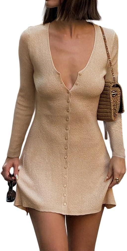 Women Sexy Deep V Neck Button Front Knit Mini Dress Elegant Long Sleeve Ribbed Flowy Hem A-Line Short Dresses (M)
