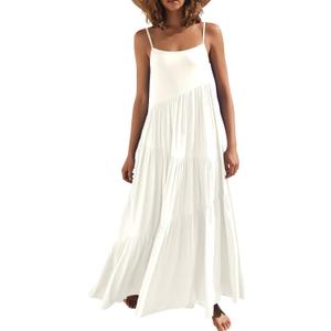 ANRABESS Women Summer Casual Loose Sleeveless Sundress Spaghetti Strap Flowy Boho Linen Beach Vacation Maxi Long Dress (White, X-Large)
