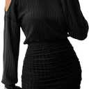 Women's Pullover Sweater Dress Long Lantern Sleeve Turtle Neck Cute Ribbed Knit Bodycon Mini Short Dress 2025 Fall Size M Black