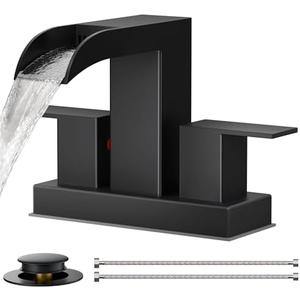 Perpaime Square Black Bathroom Faucets for 2 Hole or 3 Hole, Waterfall 4 Inch Centerset Bathroom Sink Faucet with Metal Pop-up Drain and Supply Lines, Two Handles for Vanity, Laundry Room, Basin