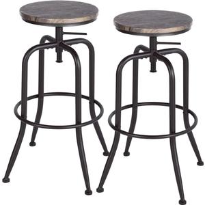 FurnitureR Rustic Bar Stools Set of 2, Swivel Adjustable Backless Industrial Coffee Kitchen Counter Height Barstools, Dining Room Bar Chairs, Wooden Seat, Metal Legs, Bar Height 27" to 30", Walnut