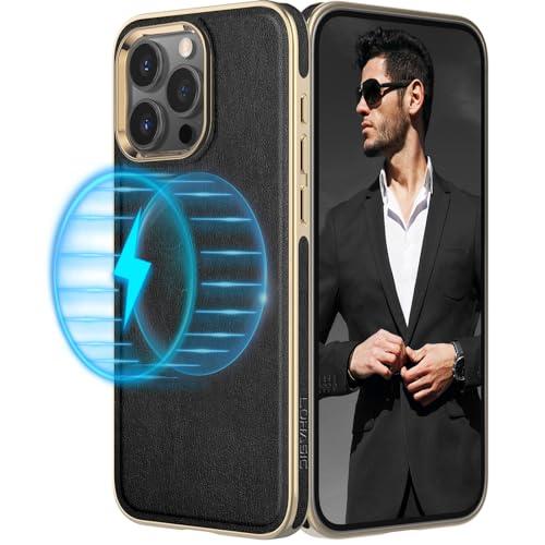LOHASIC for iPhone 15 Pro Case Leather – Soft Luxury Magnetic Cover Compatible with MagSafe Accessories, Classic Minimalist Designer i Phone 15 Pro Phone Case for Business Men Women, Black