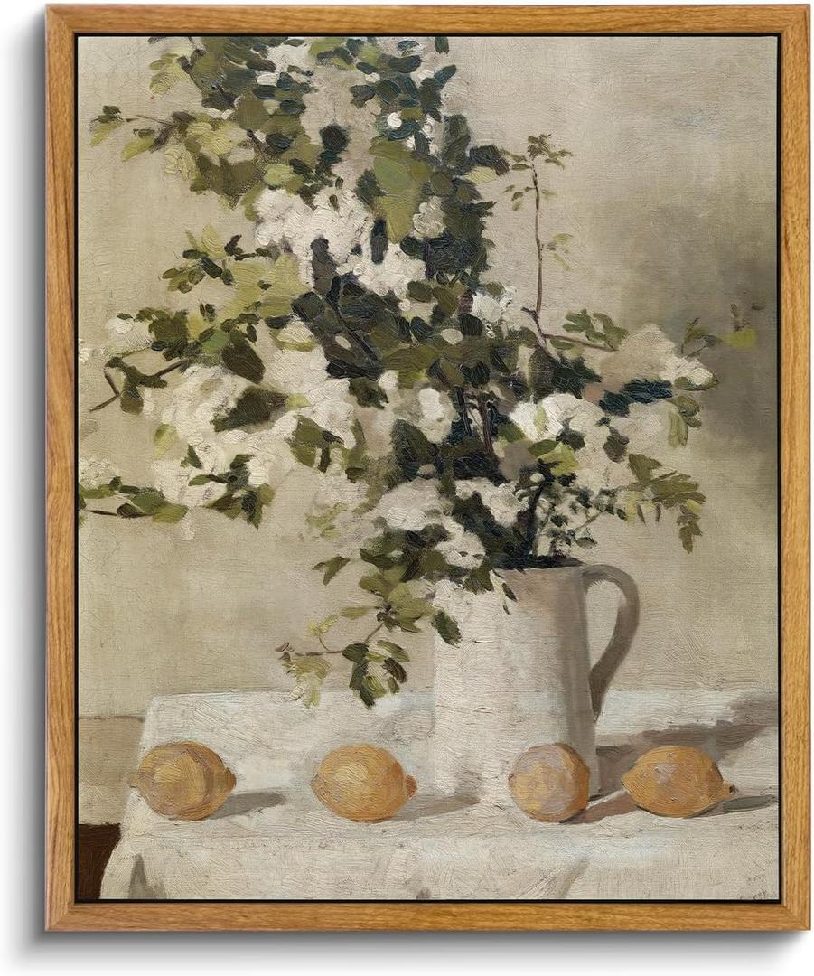VIYYIEA Vintage Framed Canvas Wall Art, Kitchen Art Decor, Flowers and Lemons Pictures Painting, Vintage Farmhouse Country Decor for Dining Room Bathroom, 9"x11"