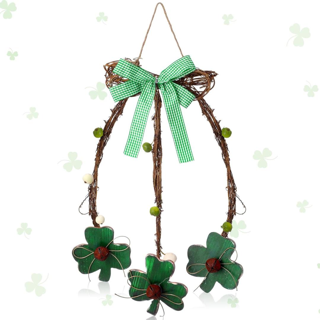 Novabright 15 Inch St. Patrick's Day Shamrock Door Wreath with Green Bow Wooden Clover Green Foam Berries Rustic Wood Hanging Decor for Irish Home Indoor Holiday Outdoor Farmhouse Window
