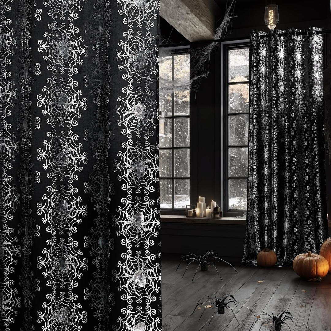 NICETOWN Semi Sheer Black Curtains with Silver Foil Spider Web, Grommet Lightweight & Airy Window Treatments for Halloween, W52 x L84, 2 Panels