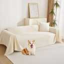MYSKY HOME Boho Couch Cover Beige Sofa Covers with White Tassel Farmhouse Sofa Slipcover Simple Couch Protector for Dogs Chenille Sectional Couch Covers L Shaped Couch Cushion Covers, 91"x 134", Tassels Edge-beige