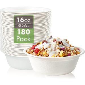 Vplus 180 Pack 16 OZ Paper Bowls, Disposable Compostable Bulk, Eco-friendly Bagasse, Heavy-duty Bowls Perfect for Milk Cereals, Snacks, Salads