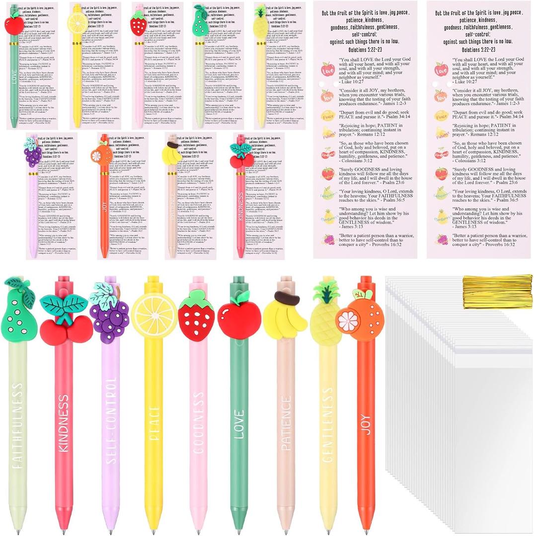 36 Set Fruit Religious Gifts Christian Pens with Fruit of The Spirit Bookmarks for Kids Spiritual Bible Verse Pens Bulk Classroom Gift for Students Church Vacation Bible School Gifts