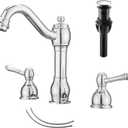 GGStudy 2 Handles 3 Holes Faucet Widespread Bathroom Sink Faucet Basin Tap Mixer Supply Hose Included Matching Pop Up Drain Polished Chrome