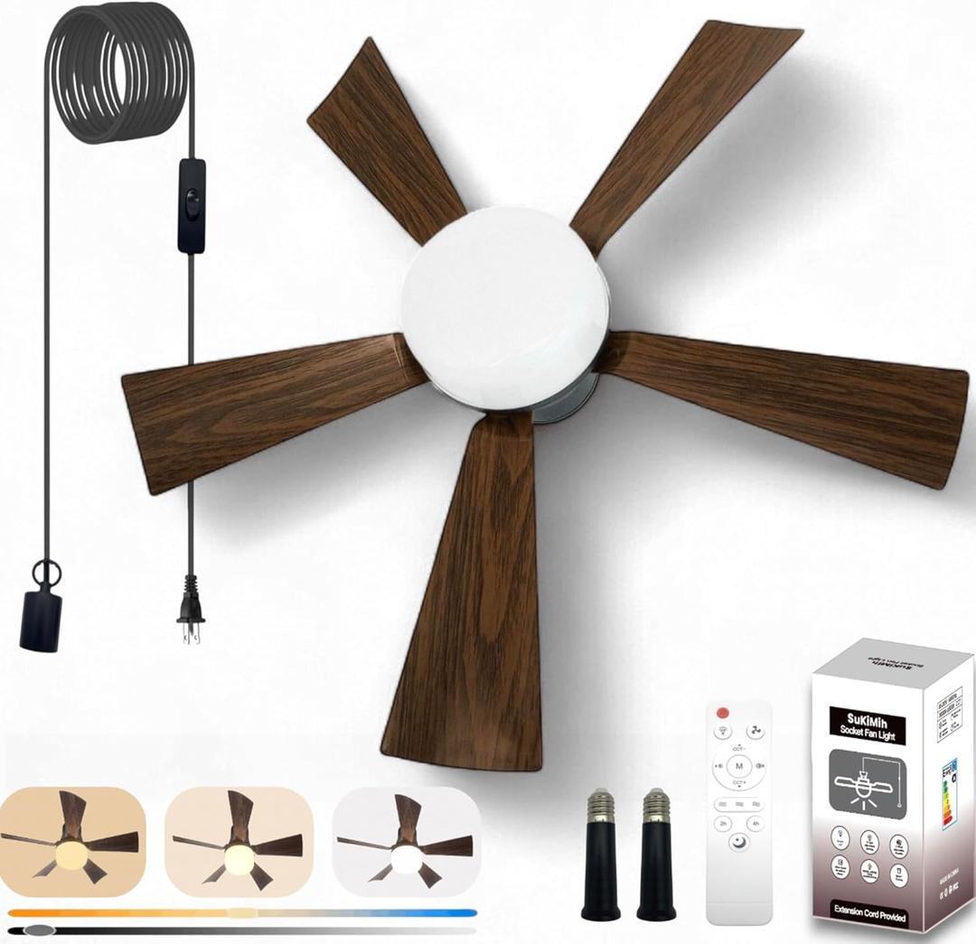 Socket Fan Light, 20.5", Plug in Ceiling Fan, Gazebo Fan, Outdoor/Indoor, 16.4 Ft Cord with Hook UL Listed, Ceiling Light with Remote (Dark wood color)