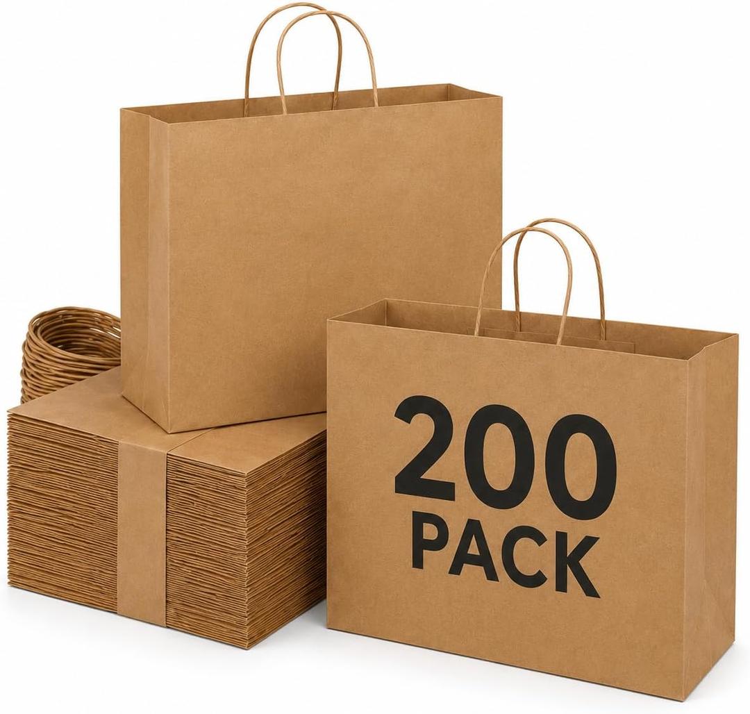 MESHA Large Brown Gift Paper Bags with Handles 16x6x12 Inch 200 Pack Bulk, 1 Count