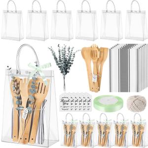 68 Pcs Baby Shower Prizes for Game Player 6 Sets Baby Shower Winners Guest Gifts Bamboo Wooden Spoons Dishcloths Artificial Eucalyptus Stems Thank You Tags Bags for Wedding Bridal Favors