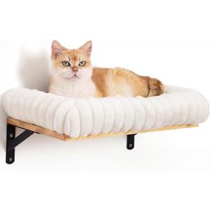 FUKUMARU Cat Wall Shelves, Cat Walls Furniture with Soft Bed, Solid Rubber Wood Floating Shelf, Kitten Window Perch for Sleeping, Playing and Scratching