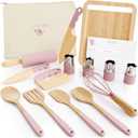 Wooden Cooking & Baking Set for Kids - Safe & Real Kitchen Tools Give Toddlers a Fun Cooking Experience - Durable Utensils are Perfect for Gifting to Create Lasting Family Memories (Pink)