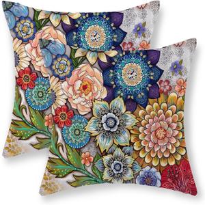 Boho Pillow Covers 18x18 Set of 2, Vintage Mandala Flowers Throw Pillows Spring Summer Ethnic Floral Decorations Bohemian Pillowcase Farmhouse Linen Decor Outdoor Cushion Case for Living Room (18" x 18" (Pack of 2), A7)