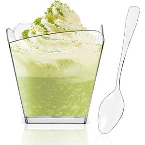 20 Pack 3.5 oz Clear Plastic Dessert Cups with 100 Tasting Spoons, Square Parfait Appetizer Cups for Party, Weddings