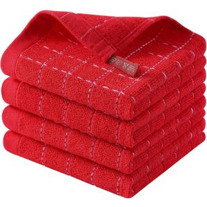 Homaxy 100% Cotton Terry Kitchen Dish Cloths, Ultra Soft and Absorbent Dish Towels for Kitchen, Suitable for Drying and Washing Dishes, 4 Pack, 12 x 12 Inches, Red