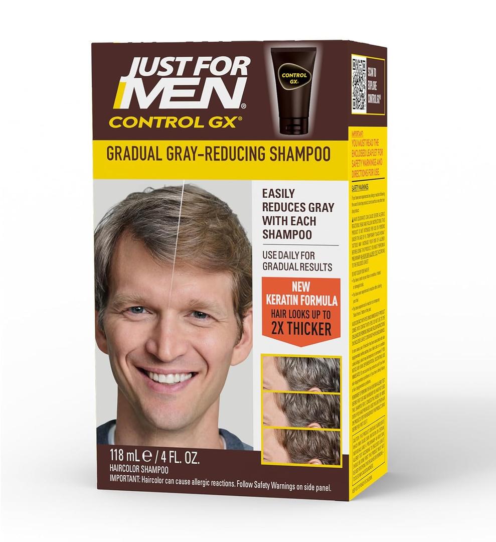 SHAMPOO Just for Men Control GX Grey Reducing for Lighter Shades of Hair, Blonde to Medium Brown, Gradual Hair Color with Keratin, 4 Fl Oz - Pack of 1 (Packaging May Vary)