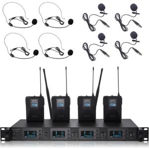 Wireless Microphone System 4 Channel UHF 4 Lavalier Lapel Headset Mics for Karaoke Church Speaking Conference Meeting Party, 4x25 Adjustable Frequency (4 Bodypack)