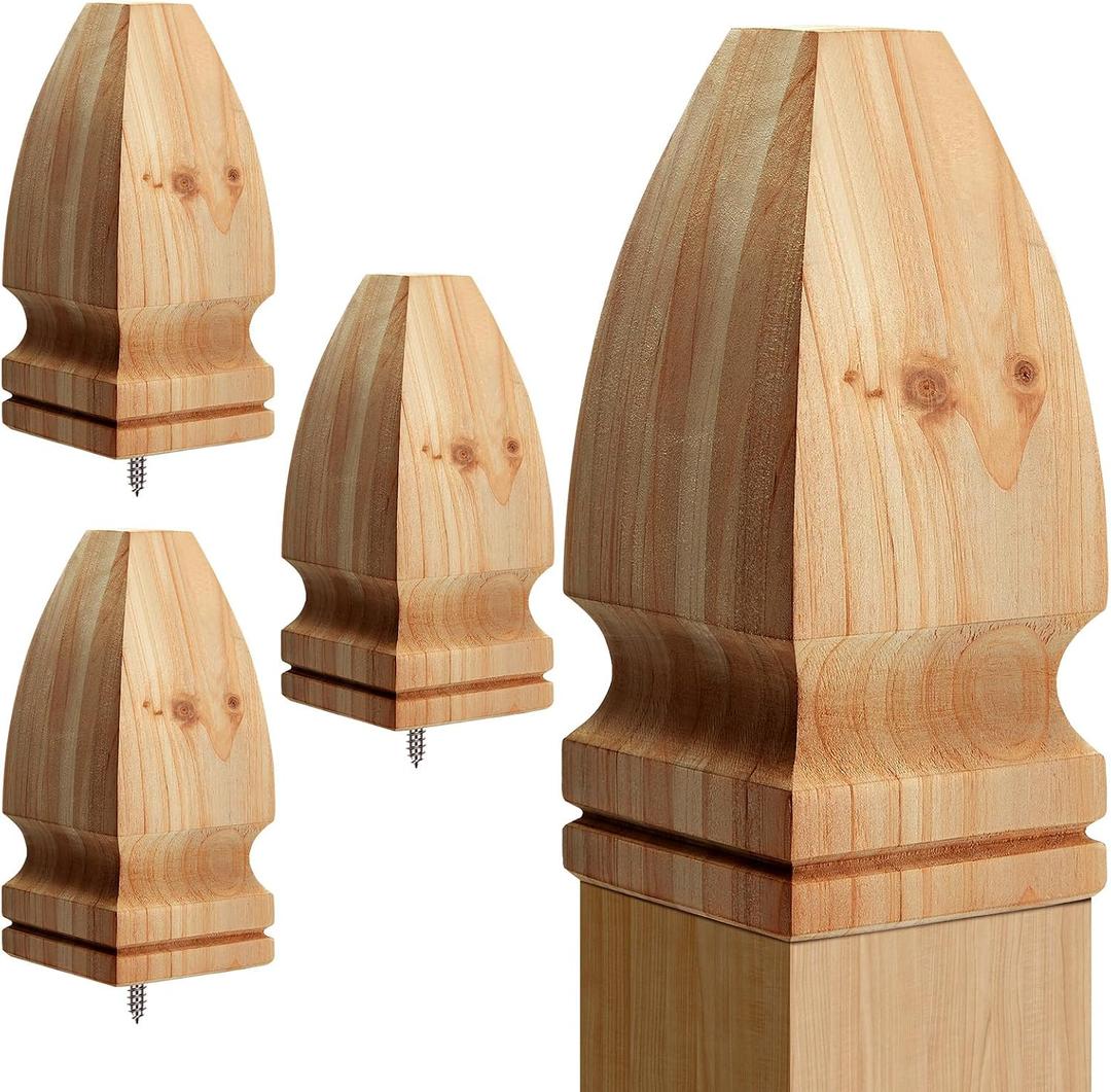 Geetery 4 Pcs 3'' x 3'' x 7'' Wood Gothic Post Cap, Wood Finial, Fence Topper with Screw, Unfinished Decorative Newel Post Cap, Cedar Finial for Indoor Stair Outdoor Fences Mailboxes Decks