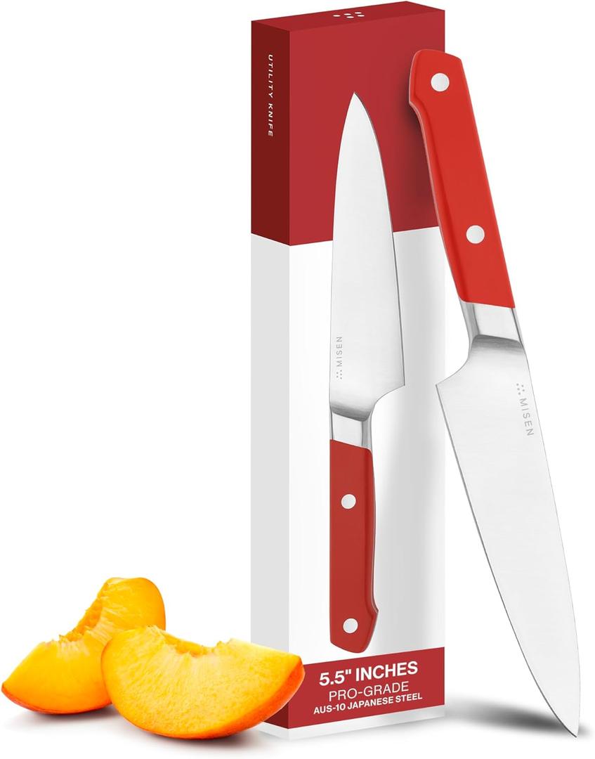 Misen 5.5" Utility Knife  High Carbon Japanese AUS-10 Stainless Steel  Hybrid German & Japanese Blade  Precision Kitchen Knife for Professionals & Home Cooks  Ultimate Cutting Performance - Red