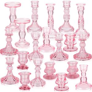 Mumufy 20 Pcs Glass Crystal Taper Candle Holders Clear Glass Candlestick Holder Fit 0.8 Inch Candles Crystal Decorative Candle Stand Centerpiece Table Wedding Dining Party(Pink)