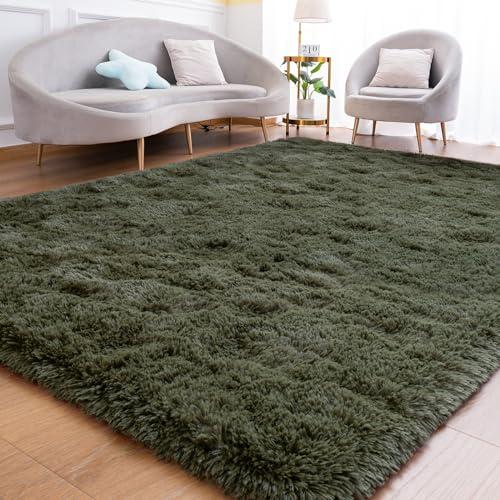 Goideal Fluffy Rug for Bedroom Living Room, 4x6 Olive Green Area Rugs, Faux Fur Shag Modern Carpet Ultra Soft Girls Boys Room Home Decor, Solid