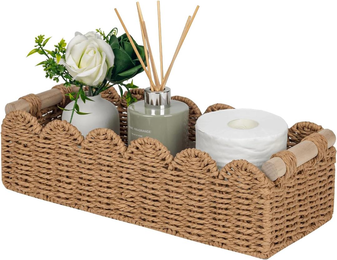 CubesLand Paper Rope Scalloped Edge Toilet Paper Storage Basket, Small Living Room, Bedroom Decor Baskets for Over Toilet Storage Shelf, End Table, Shelves and More, with 2 Wooden Handle, Neutral (M - 14"L x 6.3"W x 3.9"H)