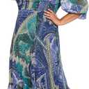 London Times Women's Women's Square Neck 3/4 Sleeve Paisley Midi Dress - Fit and Flare Wedding Guest Dresses (Blue) 18W