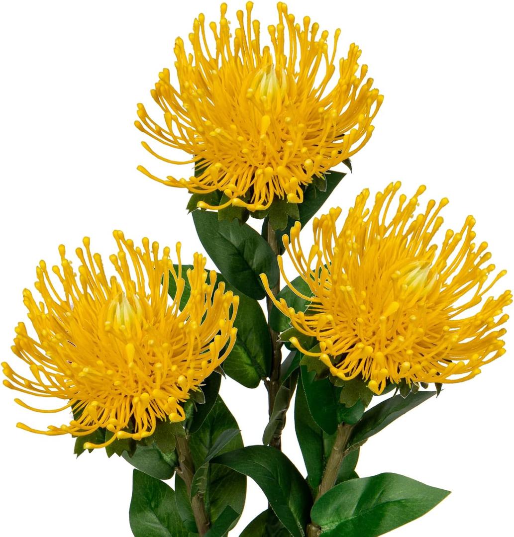 Hollyone 3Pcs Yellow Artificial Flowers Mums Spider Mum Flower 28.3'' Long Stem Fake Chrysanthemum Flowers Leucospermum Cordifolium Arrangement Faux Pincushion Flowers Bouquet for Office Home Decor