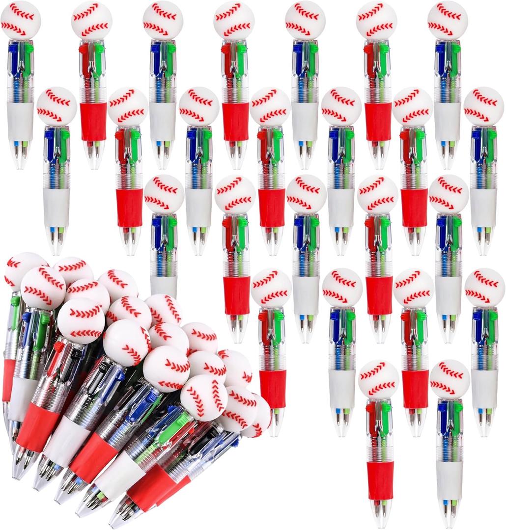 LiYiQ 25 Pcs Baseball Party Favor Multicolor Pen in One Cartoon Cute Fun 4-in-1 Cute Pens Bulk Kawaii Baseball Shape Cool Ballpoint Pens for Kids Fun Gifts