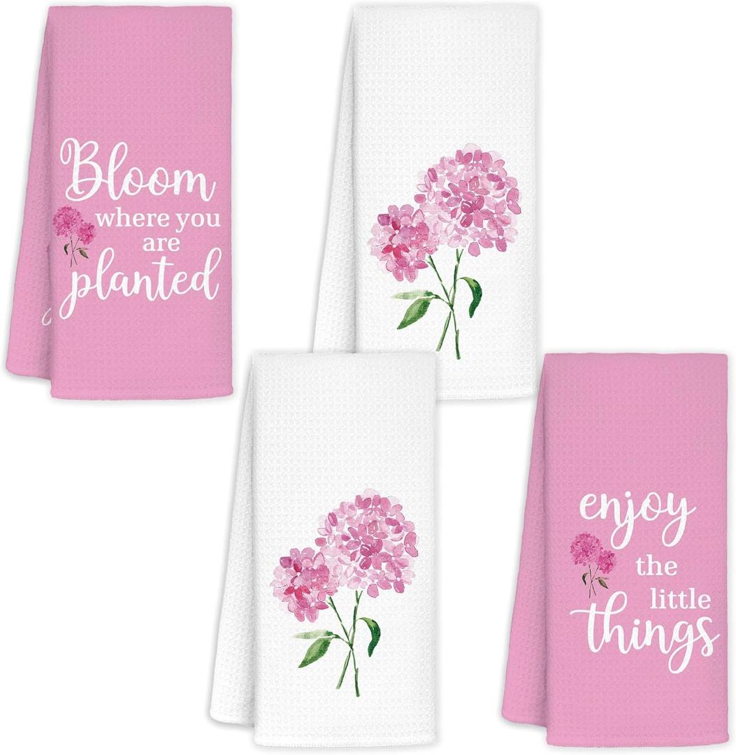 Pink Hydrangea Kitchen Towels Set of 4, Bloom Where You are Planted Pink and White Hydrangea Decorative Hand Towels for Bathroom, Hydrangeas Gifts, 16x24