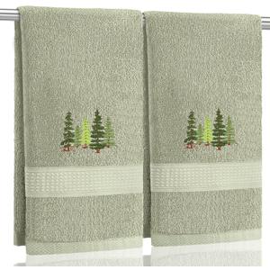 2 Pcs Forest Hand Towels Gray Green Bathroom Decor 14x29 Inch Embroidered 100% Cotton Soft Absorbent Nature Scene Decorative Hand Towels for Bathroom Kitchen