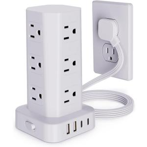 Power Strip Tower Surge Protector, 6FT Flat Plug Extension Cord with Multiple Outlets, 12 AC Outlets 4 USB (2 USB C), Desktop Charging Station with Surge Protection for Home Office Dorm Room, White
