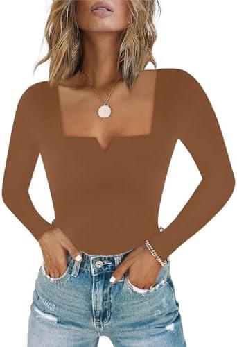 Chunpin Women's Long Sleeve Bodysuit Square Neck Notch V Neck Body Suits Double Lined Going Out Outfits Thong Bodysuits Size S