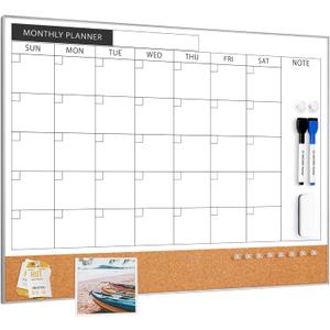 ARCOBIS Dry Erase Calendar with Cork Board for Wall, 24"x 18" Magnetic Calendar Whiteboard with Silver Frame, Monthly Combination Board for School, Home, Office