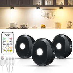 WILLED Puck Lights with Remote Control,3 Colors Under Cabinet Lighting Wireless,Rechargeable Battery LED Tap Light,Timer Function Stick On Lights for Kitchen,Cabinet,Counter,Closet, Shelf,3 Pack (3000K/4500K/6000K)
