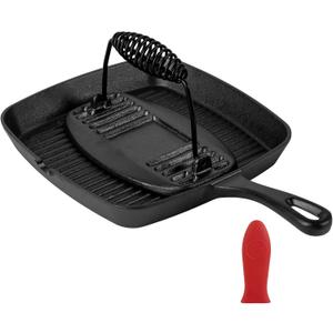 Cast Iron Grill Pan,9.25" Pre Seasoned Skillet with Pour Spouts,Silicone Handle Cover for Indoor and Outdoor Grilling,Durable Oven Safe,Stove Campfire Use(Black)