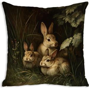 William Morris Inspired Design Floral Pillow Covers, Vintage Floral Rabbit Print Throw Pillow Covers Home Decor, Retro Pillowcase Cushion Cover for Bed Sofa Living Room (3Rabbit, 18x18inch)