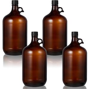 Maxdot 4 Pack 1 Gallon Glass Fermentation Jug with Airtight Lid, 128 oz Amber Glass Carboy with Handle for Kombucha, Beer Brewing, Wine Making, UV Protection
