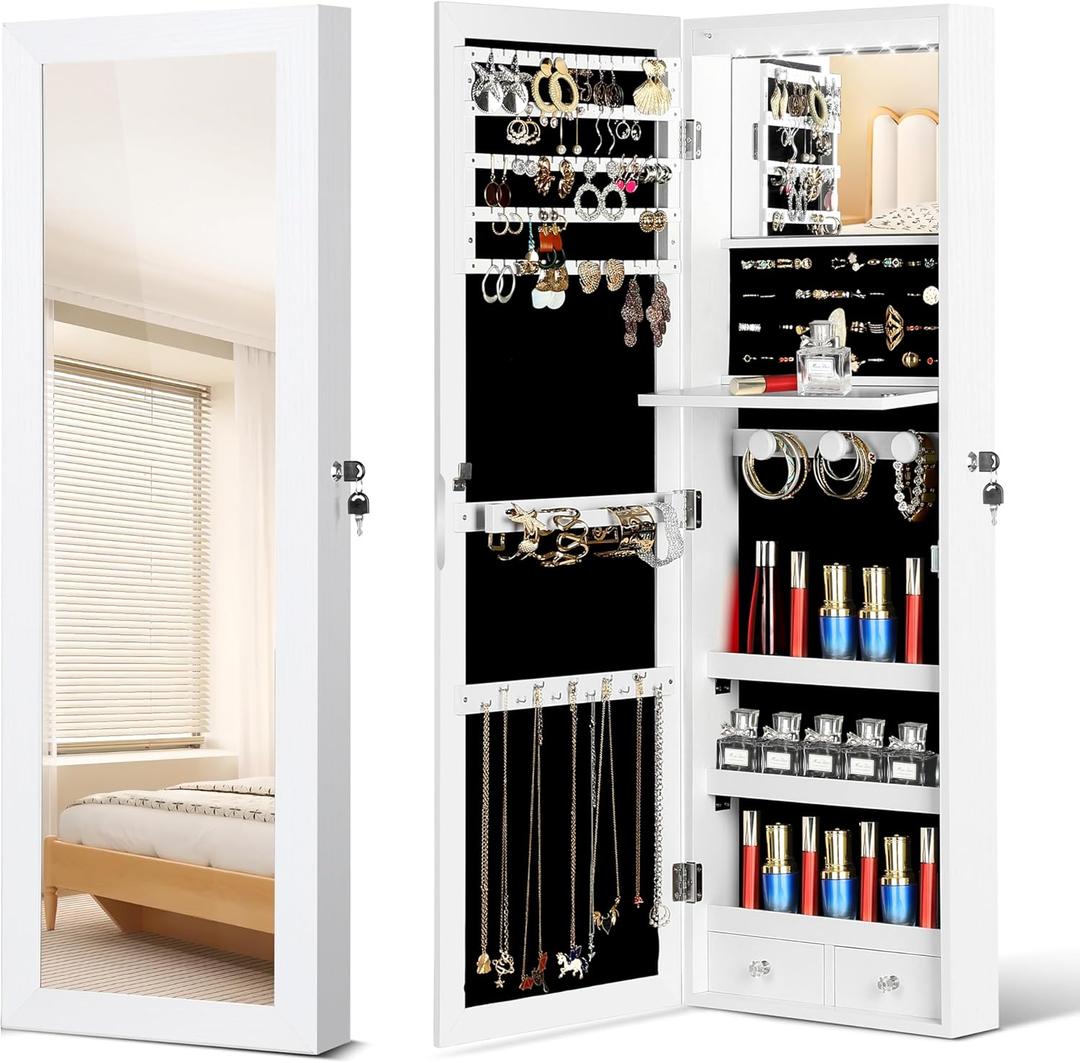Mirror Jewelry Cabinet, Wall/Door Mounted Jewelry Armoire with Full-Length Mirror, Hanging Jewelry Organizer with LED Interior Lights, White