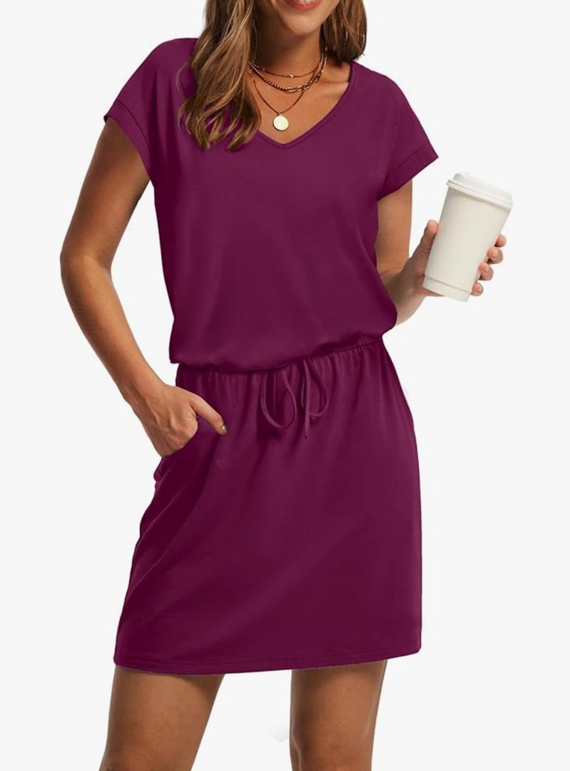 OFEEFAN Summer Dresses for Women 2025 V Neck T Shirt Casual Mini Dresses Tie Waist Sundresses with Pockets, Medium, Purplish Red