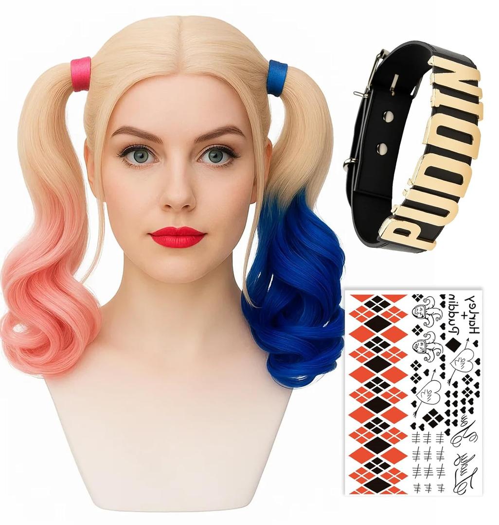 Swooflia Pink and Blue Cruly Wig for Women & Cosplay Accessories - Convenient Set Includes Adjustable Wig Cap, Choker, Cosplay Wig for Halloween, Costume, Party and Daily Use (Wig2-02)