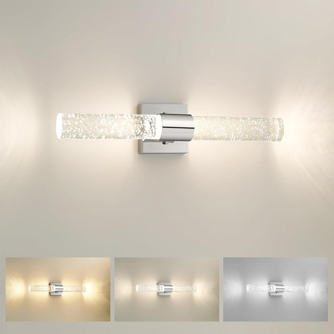 Chrome Vanity Lights, HWH LED Bathroom Lights Over Mirror 11W with Bubble Glass, Modern Wall Sconce Crystal Wall Light Fixtures, 3000K/4000K/5000K Dimmable, 5HW76B-LED CH