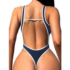 Foxiny Sexy Backless Cheeky High Cut Leg Thong V Neck One Piece Swimsuit, L, Blue 