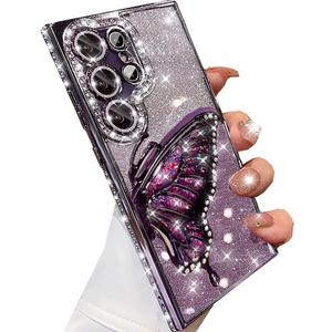 for Samsung Galaxy S25 Ultra Case with Camera Protector Cute 3D Butterfly Case Slim Plating Sparkle Diamond Glitter Bling Luxury Flowing Liquid Women Cover for Galaxy S25 Ultra (Purple) 