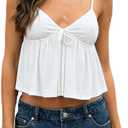 Women's Y2K Babydoll Cami Top Sleeveless V Neck Tie Front Crop Top Ruffle Hem Peplum Tank Shirt Going Out Camisole (White, S)