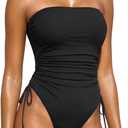 Yonique Women Strapless One Piece Swimsuit Tummy Control Bandeau Bathing Suit Cheeky Swimwear (Large, Pure Black)